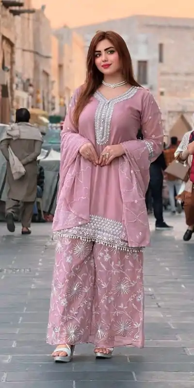 Progressive Light Pink Color Faux Georgette With Embroidery Sharara Suit