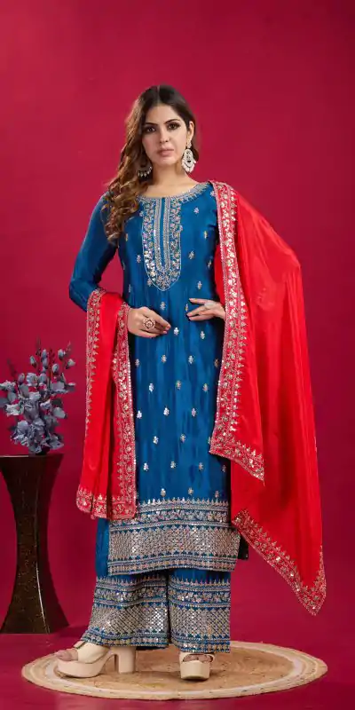 Royal Blue Color Pure Chinnon Silk With Embroidery Sequence Work Salwar Suit
