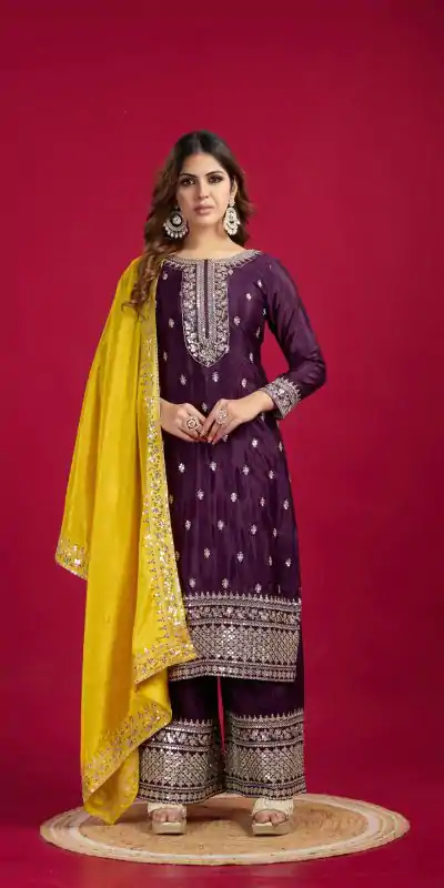 Royal Purple Color Pure Chinnon Silk With Embroidery Sequence Work Salwar Suit