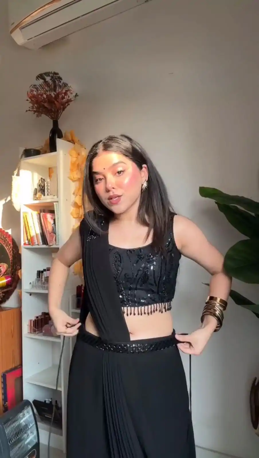 Black Foix Georgette Sequence With Val Thread Lace Brooder Dhoti Suit - Image 3