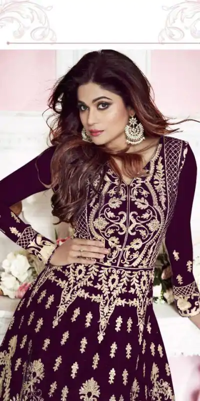 Stunning Maroon Color Net With Chain Stich Stone Work Anarkali Gown