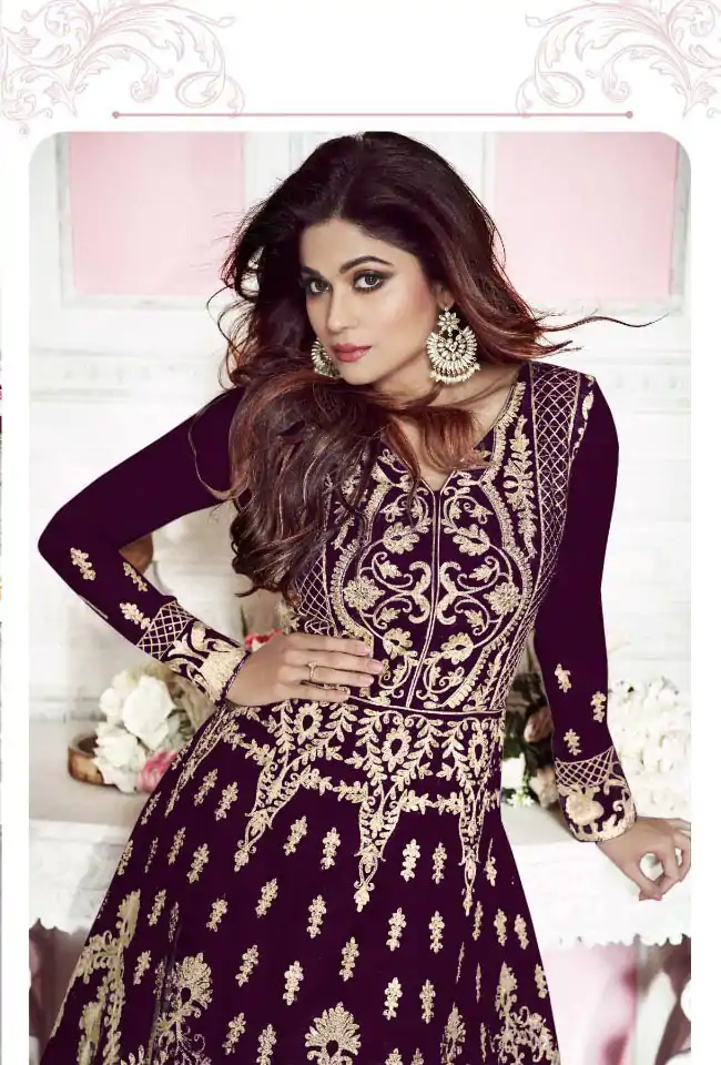 Stunning Maroon Color Net With Chain Stich Stone Work Anarkali Gown