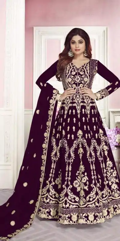 Stunning Maroon Color Net With Chain Stich Stone Work Anarkali Gown