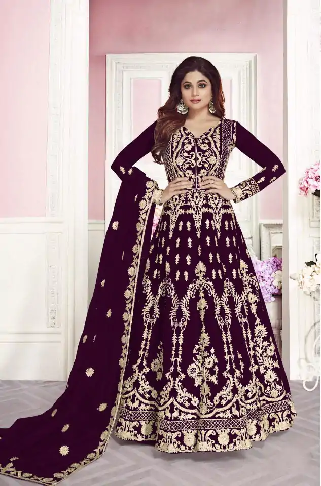 Stunning Maroon Color Net With Chain Stich Stone Work Anarkali Gown