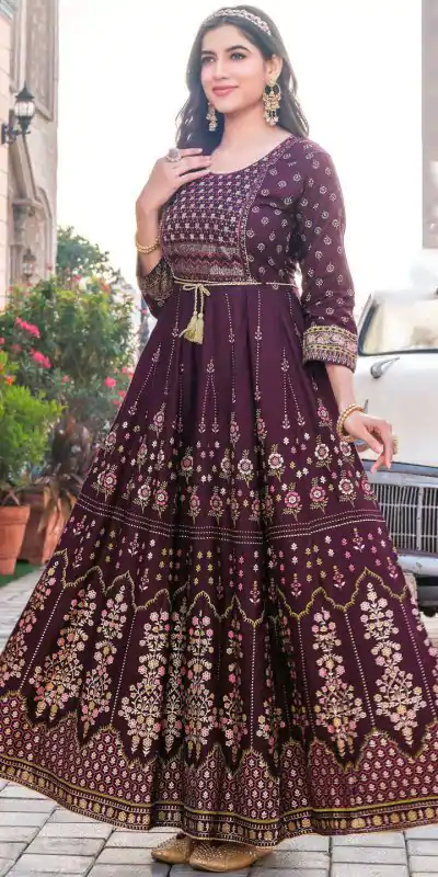 Stunning Marron Color Rayon Print Embroidery Work Long Anarkali Gown