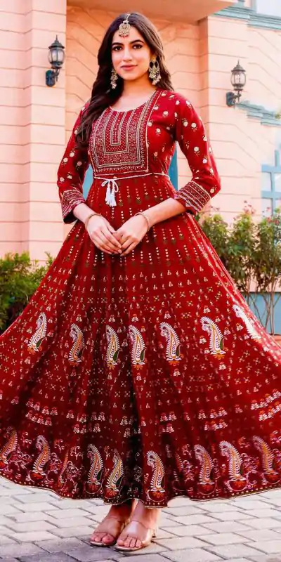 Stunning Red Color Rayon Print Embroidery Work Long Anarkali Gown
