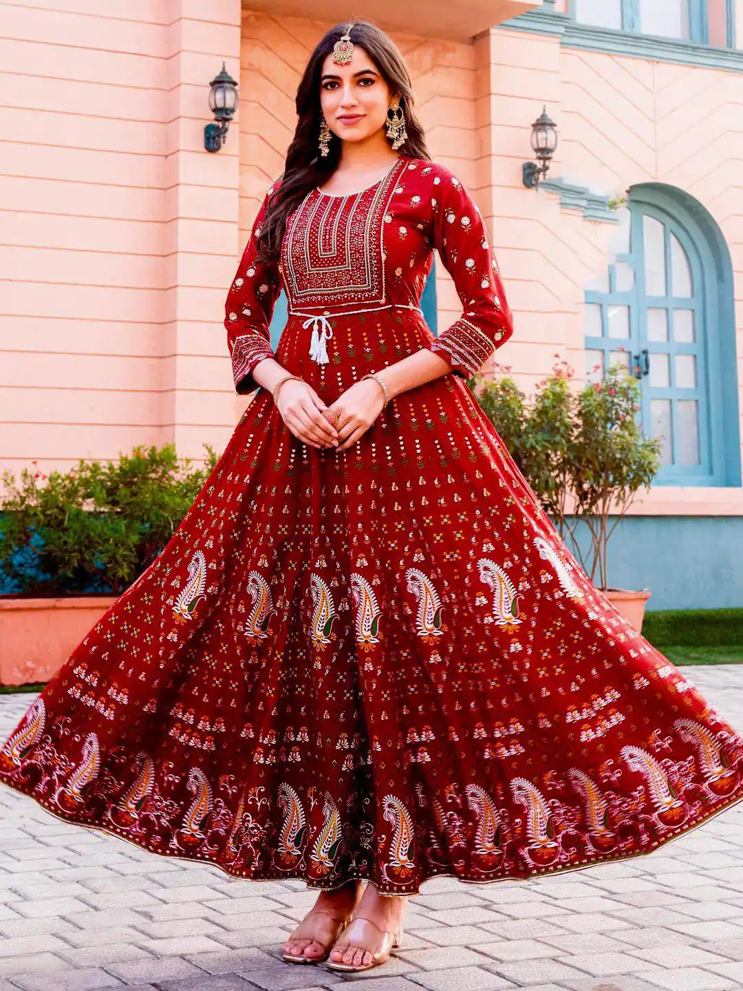 Stunning Red Color Rayon Print Embroidery Work Long Anarkali Gown