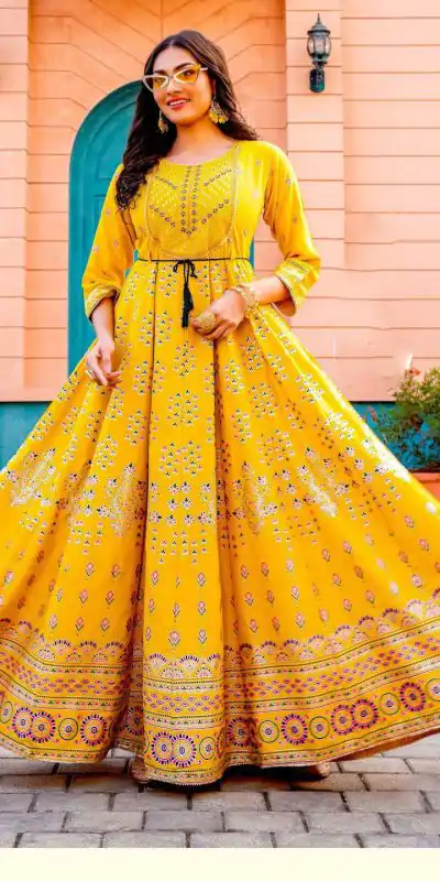 Stunning Yellow Color Rayon Print Embroidery Work Long Anarkali Gown