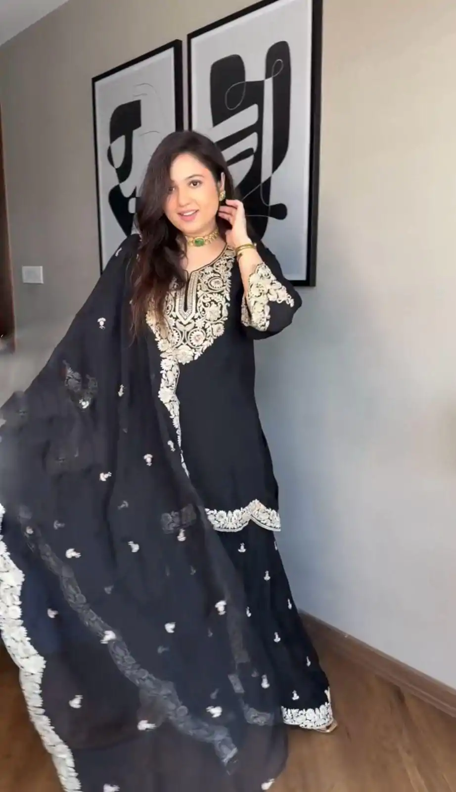 Black Chinnon Silk With Embroidery Coding Dori-Sequence Salwar Suit - Image 2