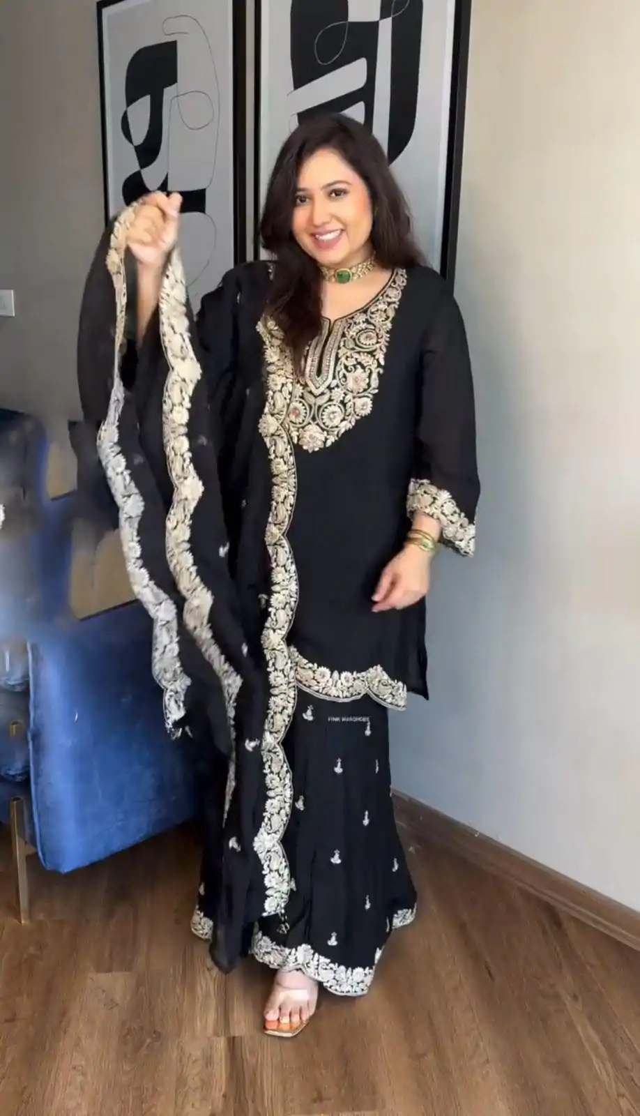 Black Chinnon Silk With Embroidery Coding Dori-Sequence Salwar Suit - Image 3