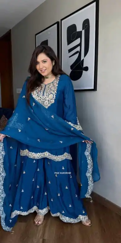 Superb Blue Color Pure Chinnon Silk With Embroidery Coding Dori-Sequence Salwar Suit