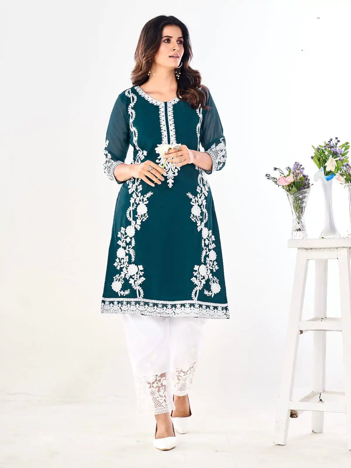Superb Dark Green Color Georgette and Heavy Embroidery work Kurti With Pant