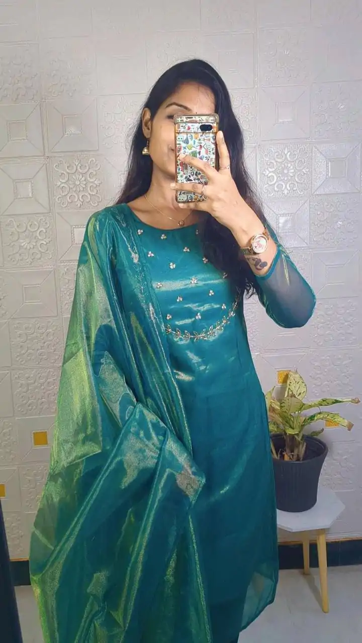 Superb Green Color Heavy Twill Golden Shining Fabric Kurti