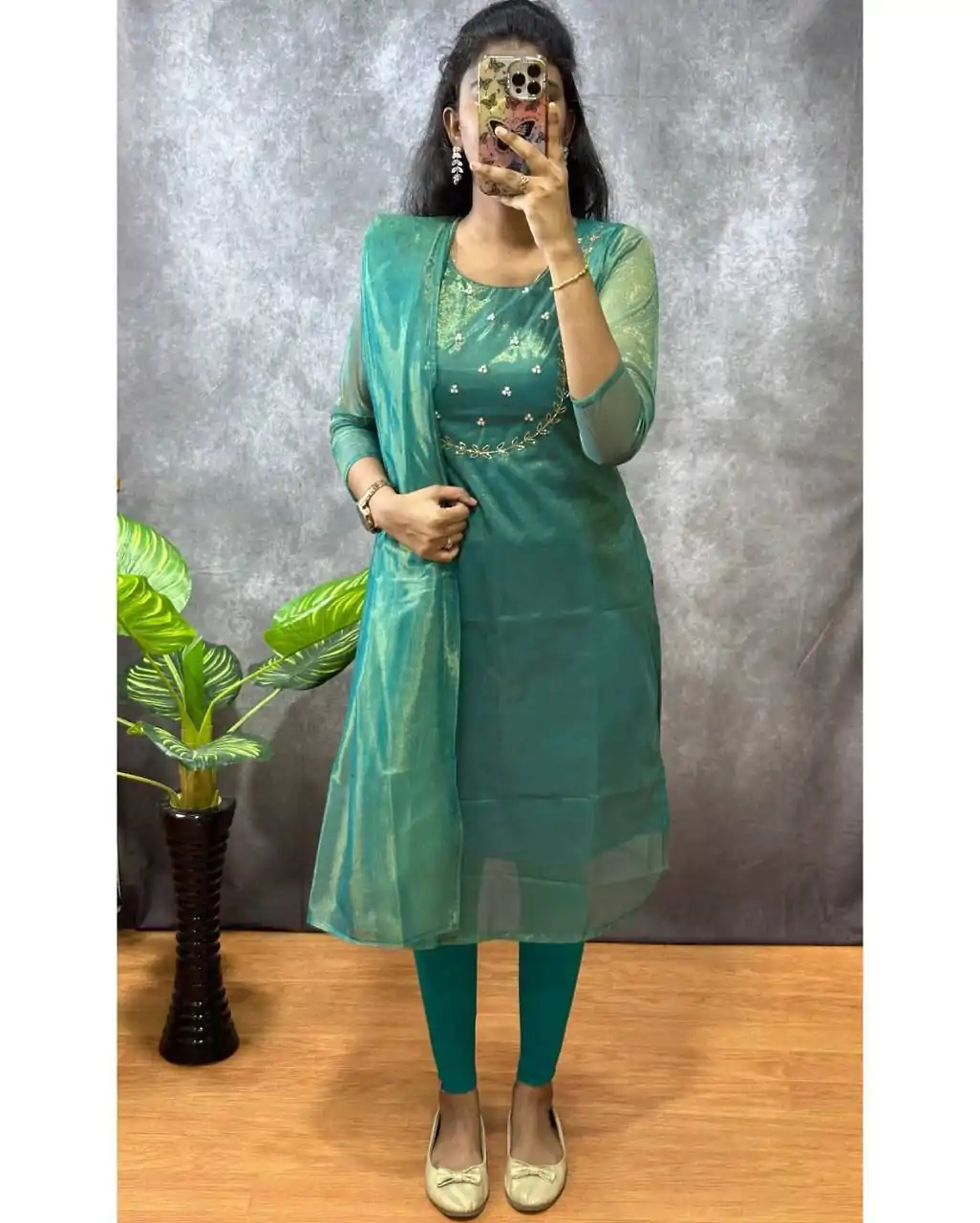 Superb Green Color Heavy Twill Golden Shining Fabric Kurti