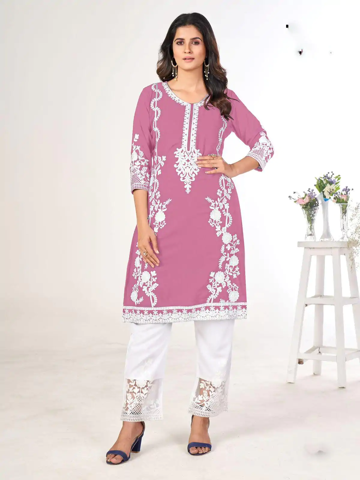 Superb Pink Color Georgette and Heavy Embroidery work Kurti With Pant