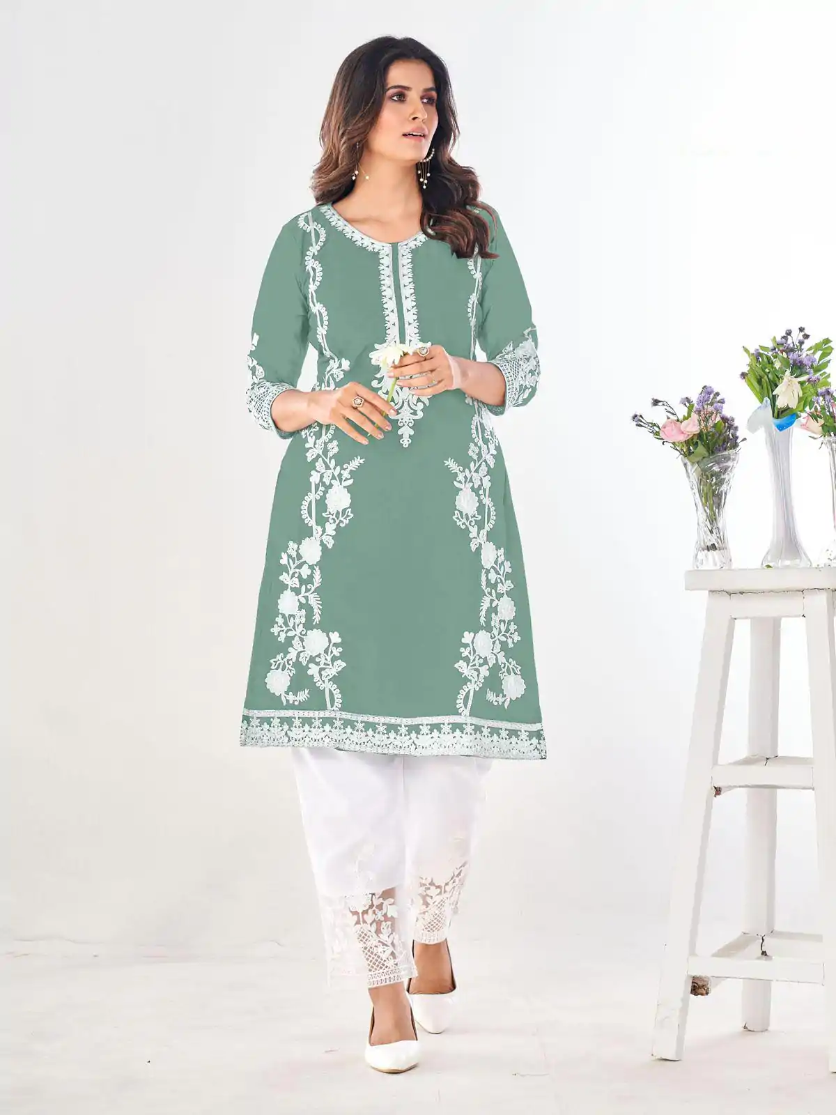 Superb Pista Green Color Georgette and Heavy Embroidery work Kurti With Pant