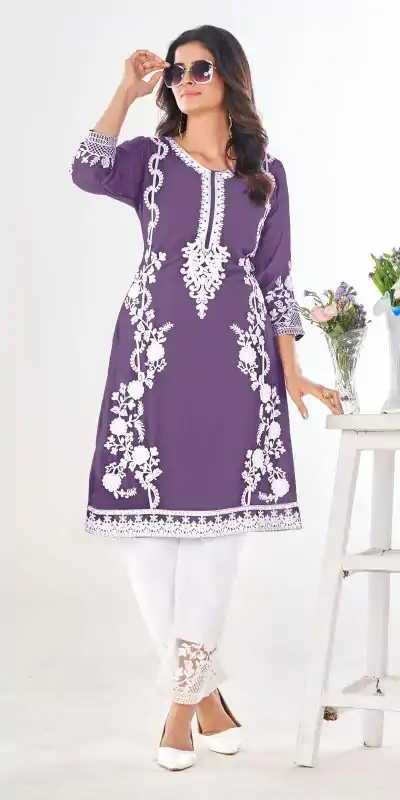 Superb Purple Color Georgette and Heavy Embroidery work Kurti With Pant