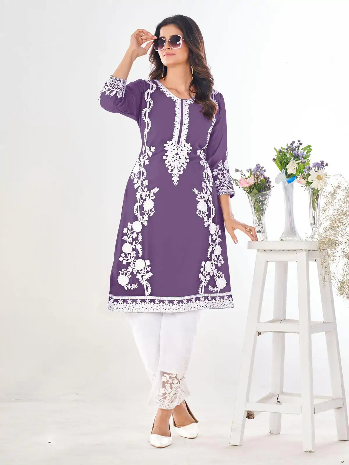 Superb Purple Color Georgette and Heavy Embroidery work Kurti With Pant