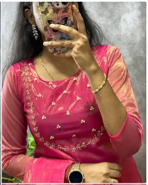 Superb Rani Color Heavy Twill Golden Shining Fabric Kurti