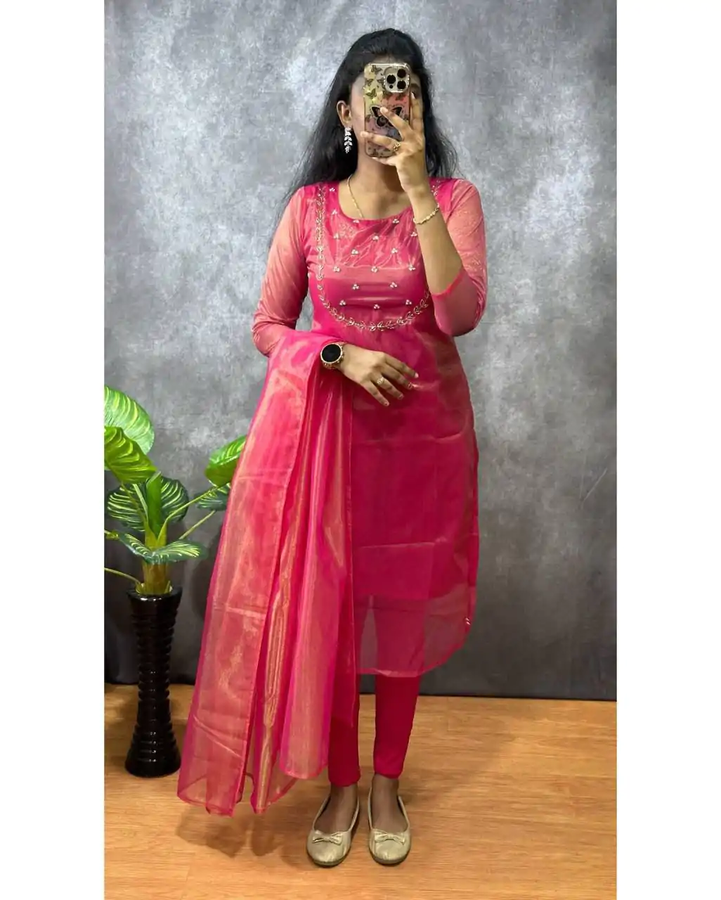 Superb Rani Color Heavy Twill Golden Shining Fabric Kurti