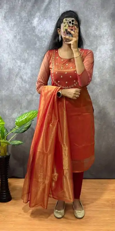 Superb Red Color Heavy Twill Golden Shining Fabric Kurti