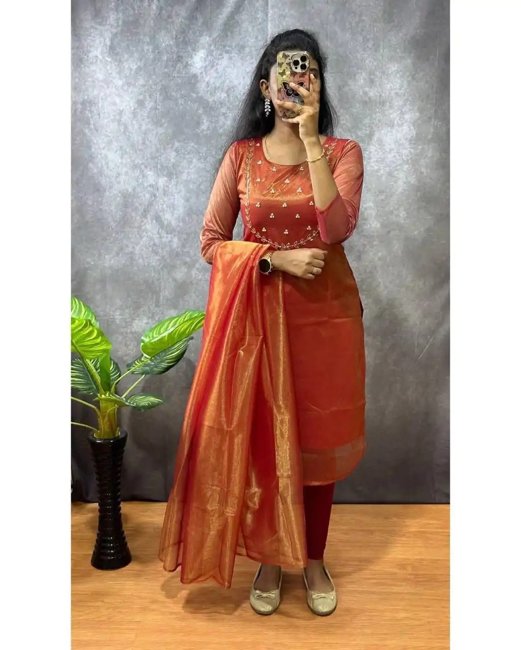 Superb Red Color Heavy Twill Golden Shining Fabric Kurti