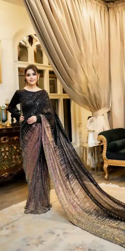 Superb Black color Dual Sequins 3MM & 5MM Embroidery Sequins Work Saree
