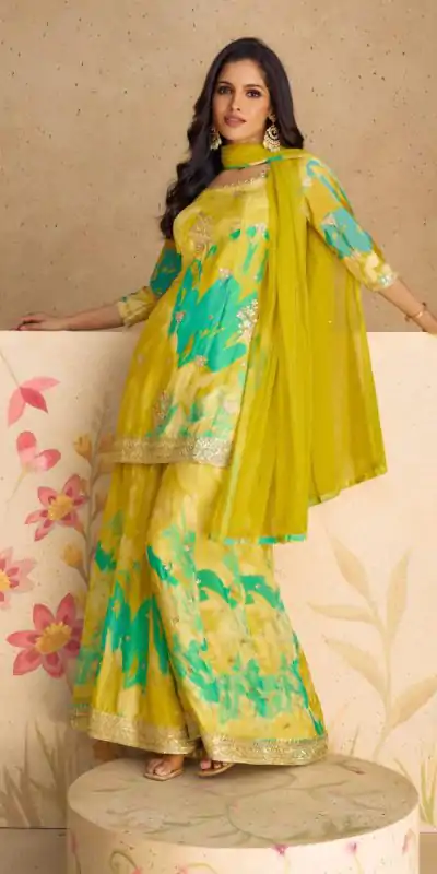 glowing Mustad Yellow Color Chinon Printed Embroidery Work Sharara Suit