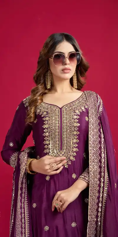 NSR-800 Purple Color Chinnon Silk With Embroidery Work Sharara Suit Wedding, Party, Festive, Events Etc.  Expected Delivery 4-6 Working Days @2149/- | Jump Suits, Salwar suit, Casual Suits, Creative suits, Designer Suits, Palazzo Suits, Party Wear Suits, Patiala Suits, Straight Suits