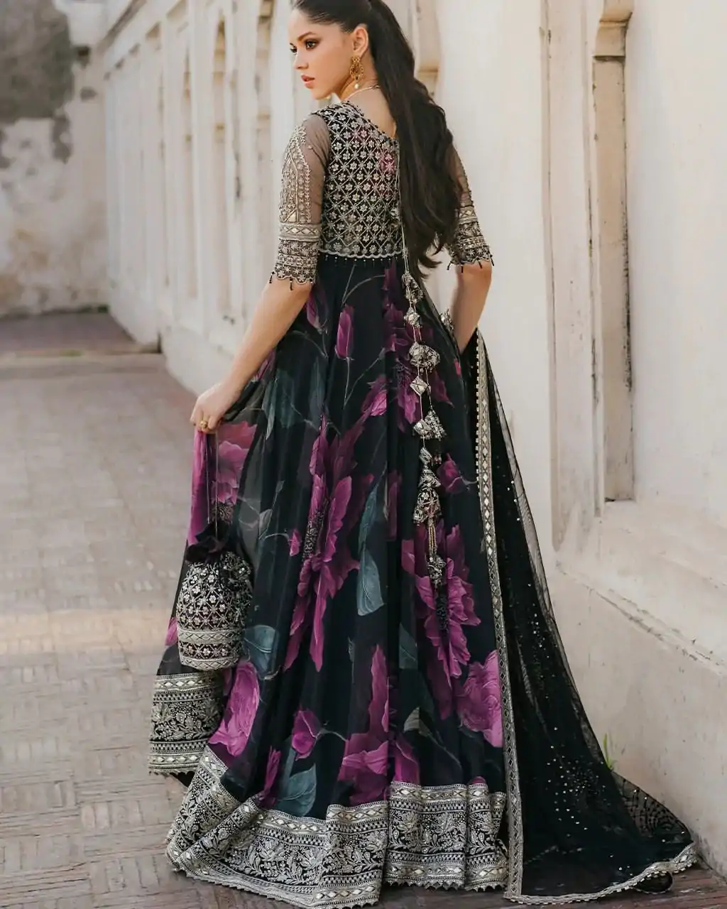 Black Foix Georgette with digital print Anarkali Gown - Image 4