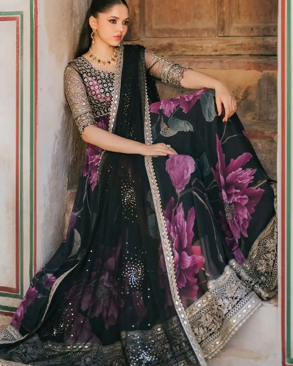 Black Foix Georgette with digital print Anarkali Gown - Image 5
