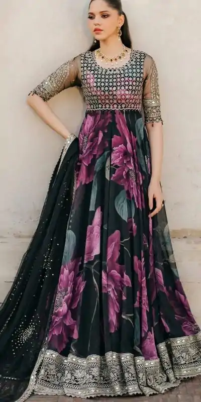 stunning Black Color Foix Georgette with digital print Anarkali Gown