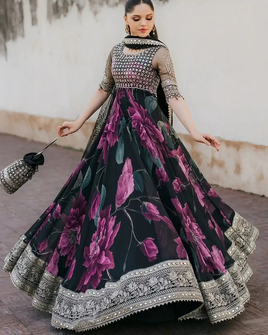 Black Foix Georgette with digital print Anarkali Gown - Image 3