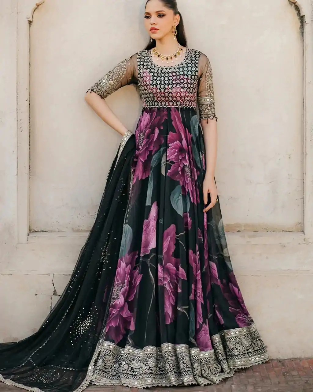 stunning Black Color Foix Georgette with digital print Anarkali Gown