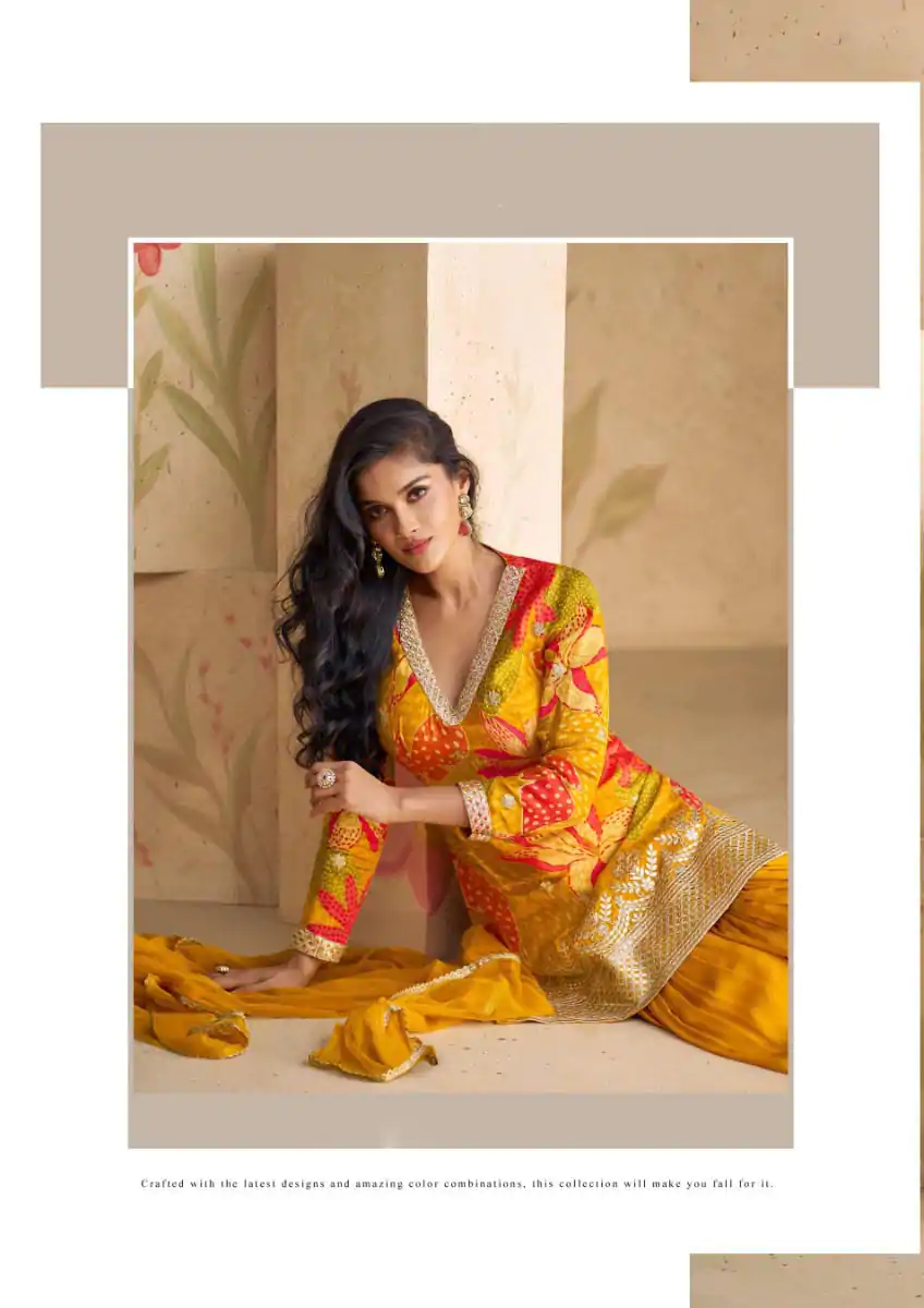 FC 5540 Yellow Color chinon Print Silk with Dall US Crepe Sharara Suit Wedding, Party, Festive, Events Etc.  Expected Delivery 4-6 Working Days @2099/- | Jump Suits, Salwar suit, Casual Suits, Creative suits, Designer Suits, Palazzo Suits, Party Wear Suits, Patiala Suits, Straight Suits