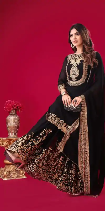 SRK-5242 Black Faux Georgette Embroidery Sequence Work Salwar Suit  Casual, Wedding, Party, Festive, Events Etc.4-6 Working Days@ 2099/-only | Jump Suits, Salwar suit, Casual Suits, Creative suits, Designer Suits, Palazzo Suits, Party Wear Suits, Patiala Suits, Straight Suits