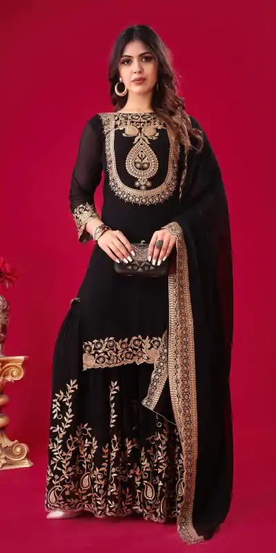 SRK-5242 Black Faux Georgette Embroidery Sequence Work Salwar Suit  Casual, Wedding, Party, Festive, Events Etc.4-6 Working Days@ 2099/-only | Jump Suits, Salwar suit, Casual Suits, Creative suits, Designer Suits, Palazzo Suits, Party Wear Suits, Patiala Suits, Straight Suits