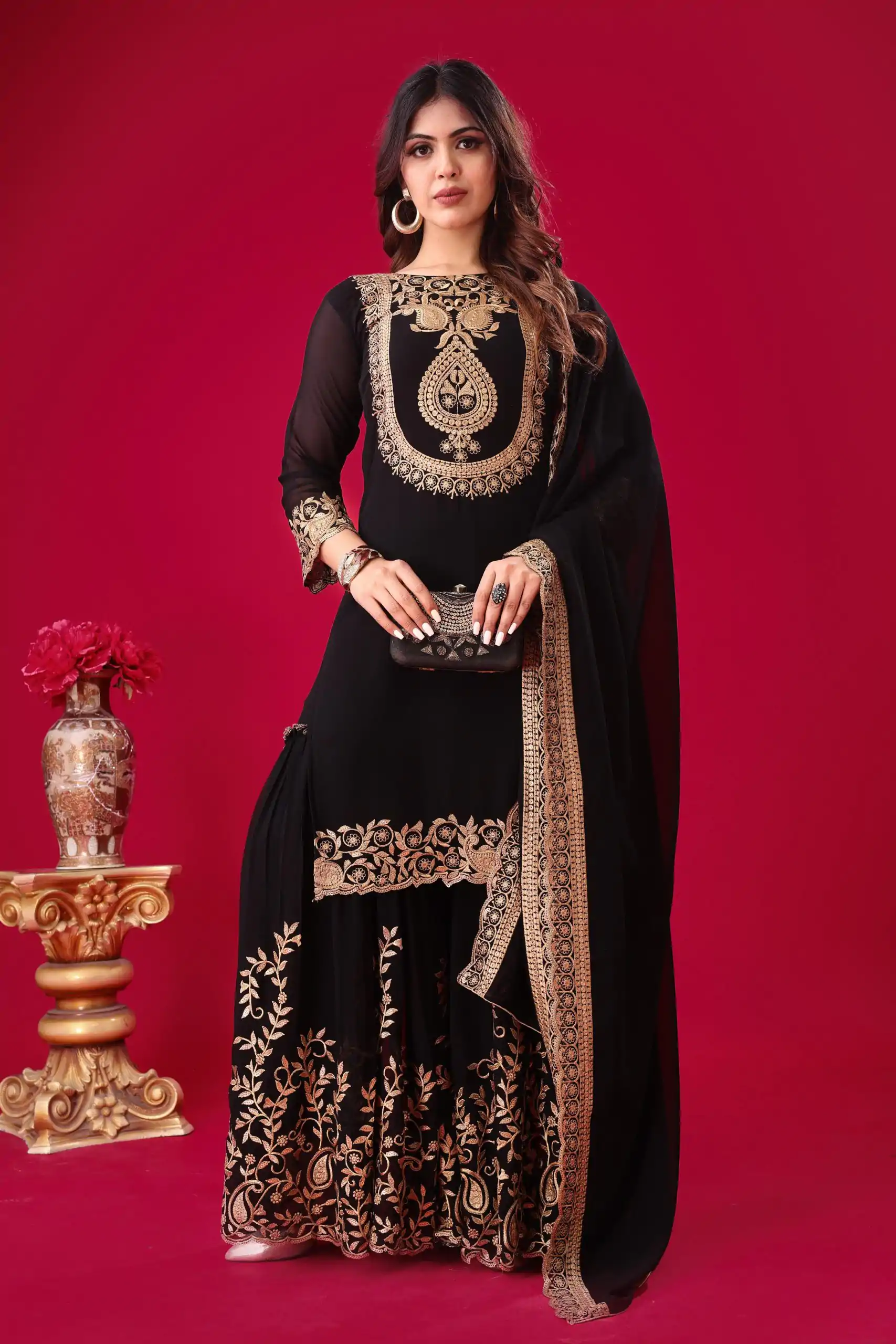 SRK-5242 Black Faux Georgette Embroidery Sequence Work Salwar Suit  Casual, Wedding, Party, Festive, Events Etc.4-6 Working Days@ 2099/-only | Jump Suits, Salwar suit, Casual Suits, Creative suits, Designer Suits, Palazzo Suits, Party Wear Suits, Patiala Suits, Straight Suits