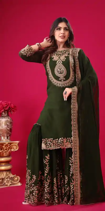 Amazing Bottle Green Color Faux Georgette With Embroidery Sequence Thread Work Salwar Suit