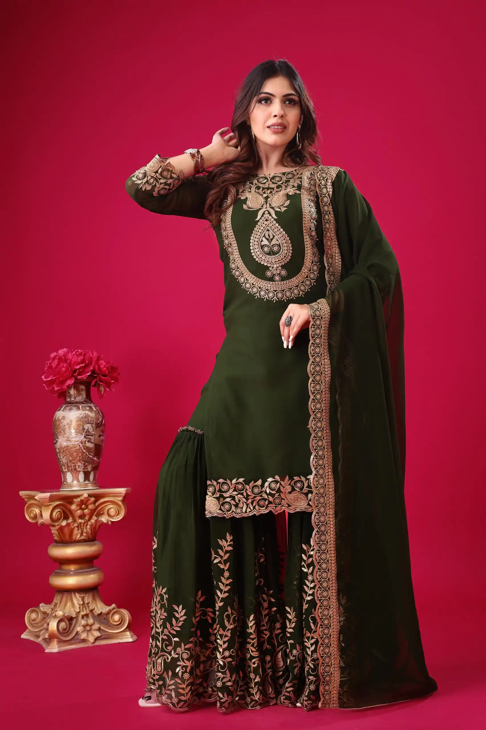 SRK-5242 Bottle Green Faux Georgette Embroidery Sequence Work Salwar Suit , Wedding, Party, Festive, Events Etc.4-6 Working Days@ 2099/-only | Jump Suits, Salwar suit, Casual Suits, Creative suits, Designer Suits, Palazzo Suits, Party Wear Suits, Patiala Suits, Straight Suits
