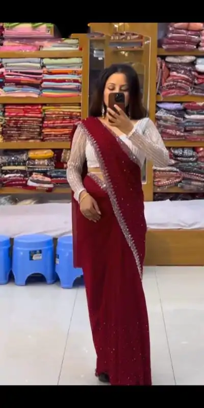 SC 218 Marron Color Georgette Hot Fix Stone Work Saree Casual, Wedding, Festive, Events . Expected Delivery  4-6 Working Days @1449/- only                                                                                                                                             | Sarees, Bollywood Sarees, Creative Sarees, Designer Sarees, Embroidered Sarees, Ethnic Saree, Modern Digital sarees, Party Wear Sarees