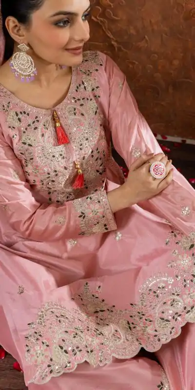 AD 191 Peach Color Chinon Silk Embroidery 3mm Sequence Coding Dori Work Salwar Suit , Wedding, Party, Festive, Events Etc.4-6 Working Days@ 2049/-only | Jump Suits, Salwar suit, Casual Suits, Creative suits, Designer Suits, Palazzo Suits, Party Wear Suits, Patiala Suits, Straight Suits