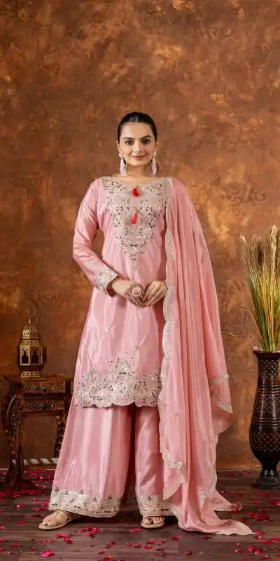 Amazing Peach Color Chinon Silk Embroidery 3mm Sequence Coding Dori Work Salwar Suit