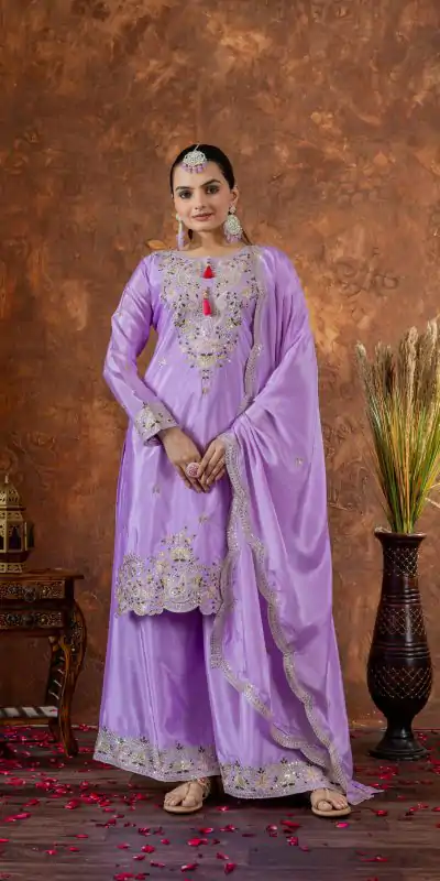 Amazing Purple Color Chinon Silk Embroidery 3mm Sequence Coding Dori Work Salwar Suit