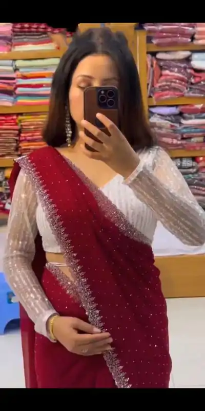 SC 218 Red Color Georgette Hot Fix Stone Work Saree Casual, Wedding, Festive, Events . Expected Delivery  4-6 Working Days @1449/- only                                                                                                                                             | Sarees, Bollywood Sarees, Creative Sarees, Designer Sarees, Embroidered Sarees, Ethnic Saree, Modern Digital sarees, Party Wear Sarees