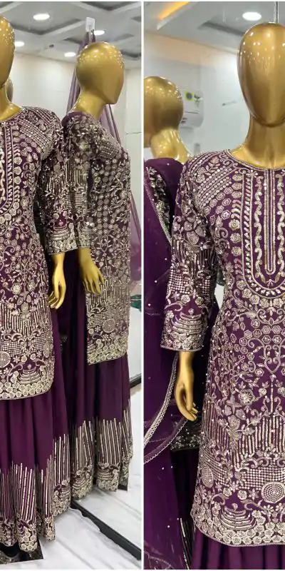 ZSR 3103 Wine Chinnon Silk 5mm Embroidery Sequence With Moti Work Salwar Suit Casual, Wedding, Party, Festive, Events Etc.4-6 Working Days@ 2099/-only | Jump Suits, Salwar suit, Casual Suits, Creative suits, Designer Suits, Palazzo Suits, Party Wear Suits, Patiala Suits, Straight Suits