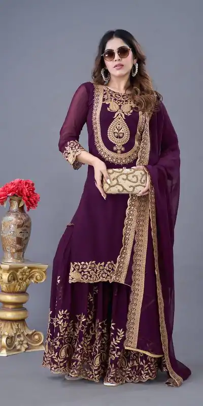 SRK-5242 Wine Faux Georgette Embroidery Sequence Work Salwar Suit  Casual, Wedding, Party, Festive, Events Etc.4-6 Working Days@ 2099/-only | Jump Suits, Salwar suit, Casual Suits, Creative suits, Designer Suits, Palazzo Suits, Party Wear Suits, Patiala Suits, Straight Suits