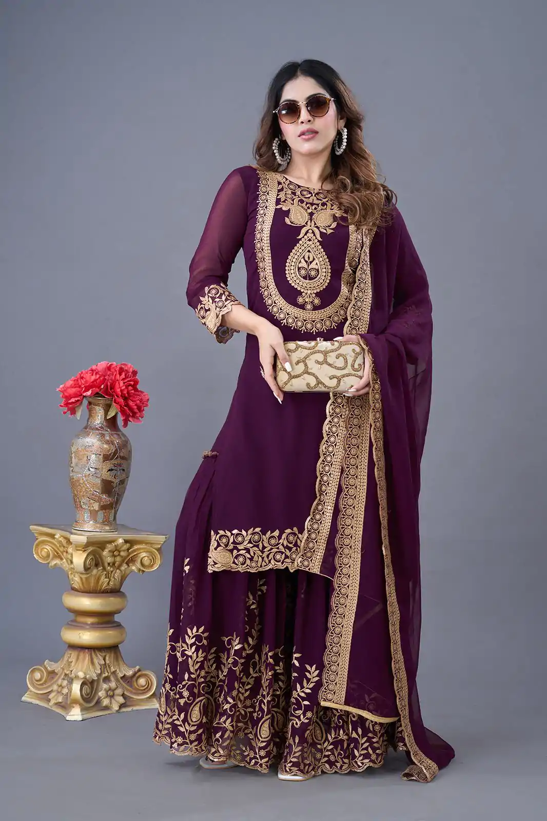 SRK-5242 Wine Faux Georgette Embroidery Sequence Work Salwar Suit  Casual, Wedding, Party, Festive, Events Etc.4-6 Working Days@ 2099/-only | Jump Suits, Salwar suit, Casual Suits, Creative suits, Designer Suits, Palazzo Suits, Party Wear Suits, Patiala Suits, Straight Suits