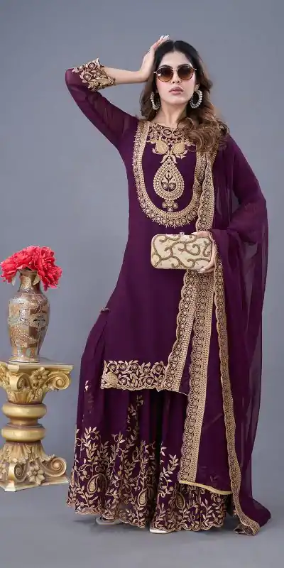 SRK-5242 Wine Faux Georgette Embroidery Sequence Work Salwar Suit Casual, Wedding, Party, Festive, Events Etc.4-6 Working Days@ 2099/-only | Jump Suits, Salwar suit, Casual Suits, Creative suits, Designer Suits, Palazzo Suits, Party Wear Suits, Patiala Suits, Straight Suits