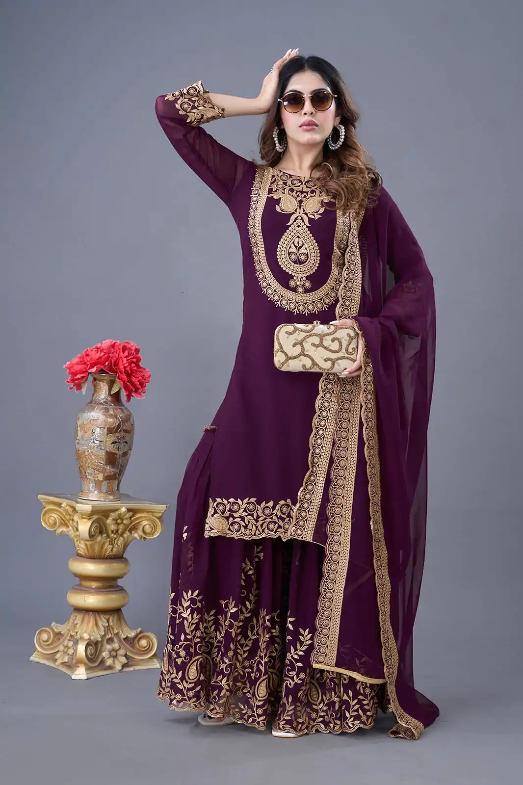 SRK-5242 Wine Faux Georgette Embroidery Sequence Work Salwar Suit  Casual, Wedding, Party, Festive, Events Etc.4-6 Working Days@ 2099/-only | Jump Suits, Salwar suit, Casual Suits, Creative suits, Designer Suits, Palazzo Suits, Party Wear Suits, Patiala Suits, Straight Suits